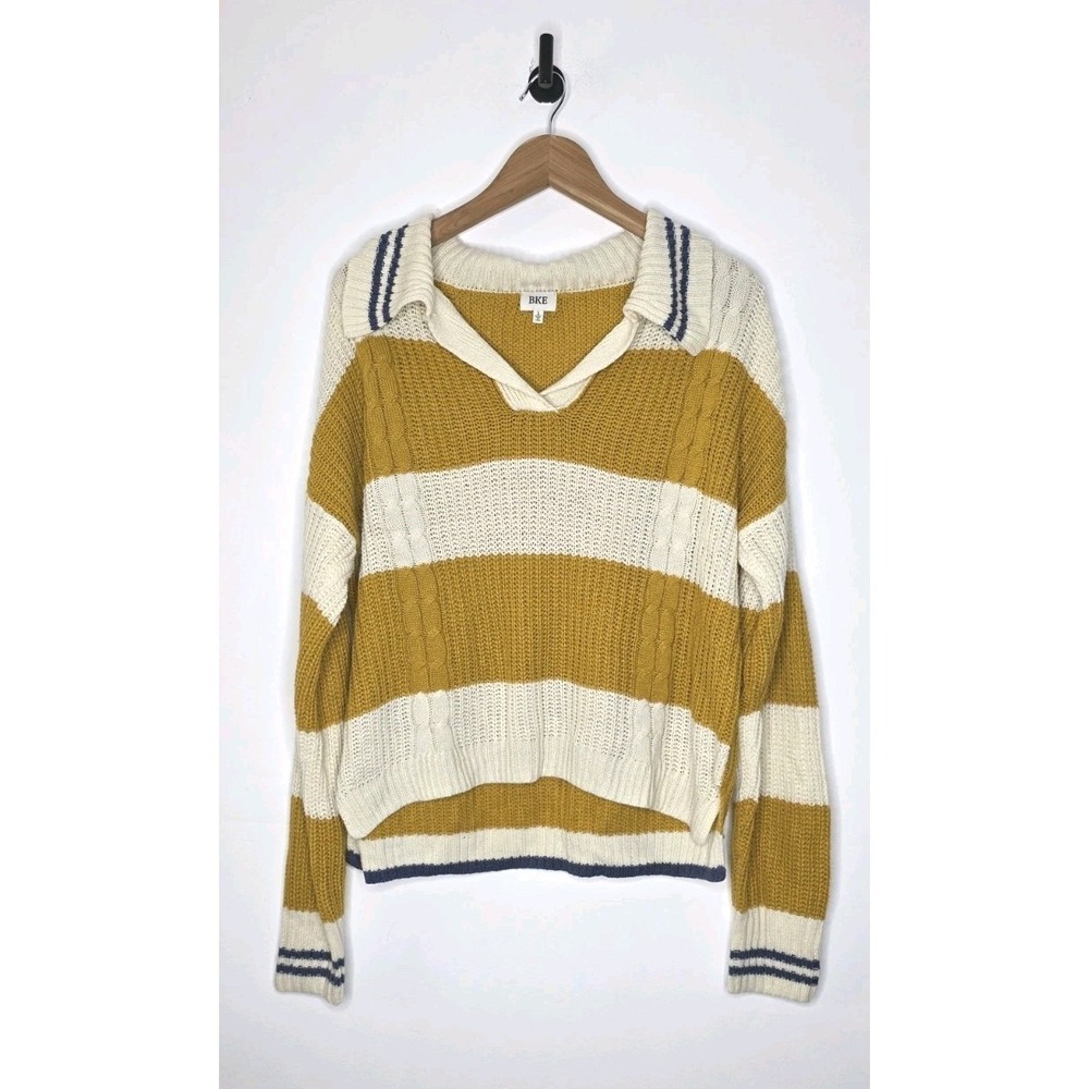 BKE Buckle Cable Knit Striped Sweater Women's Size Large Collared V Neck